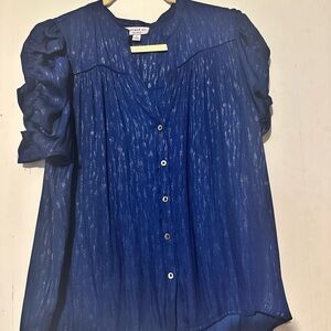 Current Air Blue Puff Sleeve Blouse with Mandarin Collar